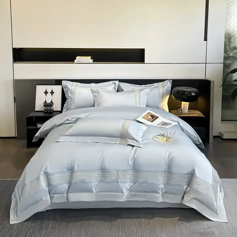 Light blue egyptian cotton embroidery duvet cover bedding set bedroom