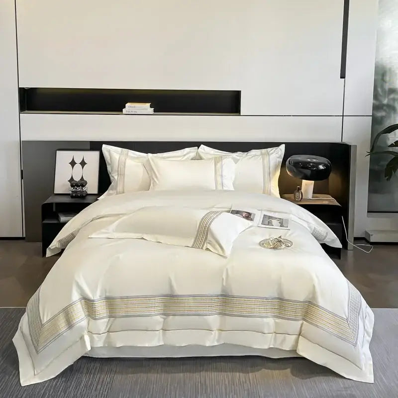 Light blue egyptian cotton embroidery duvet cover bedding set bedroom