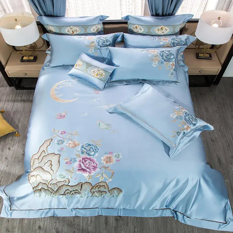 DecorBites™ 200S Cotton Embroidery Bedding Set - Queen King Linens - Duvet Cover Sheets