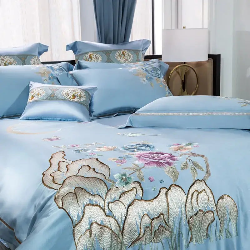 DecorBites™ 200S Cotton Embroidery Bedding Set - Queen King Linens - Duvet Cover Sheets