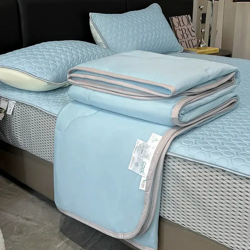 Light blue ice silk quilt set bedroom cool feeling bedding