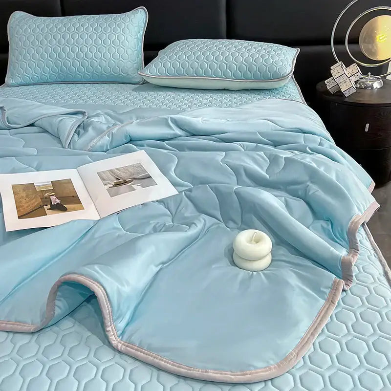 Light blue ice silk quilt set bedroom cool feeling bedding