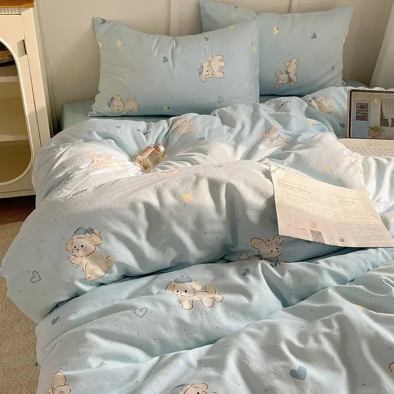 Light blue puppy cartoon pattern bedding set bedroom cotton sheets