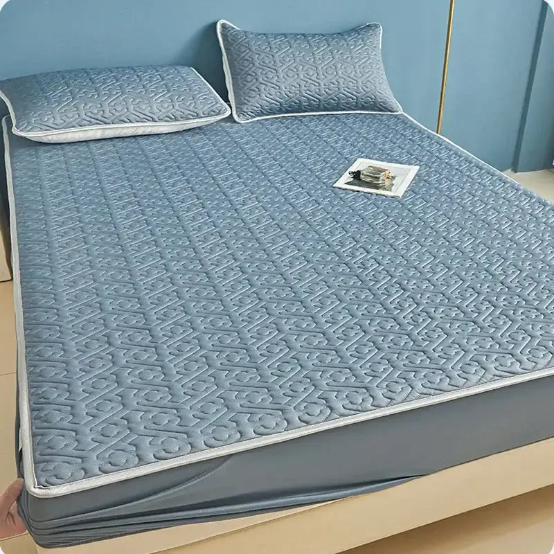 Light blue quilted latex fitted sheet set bedroom bed pad