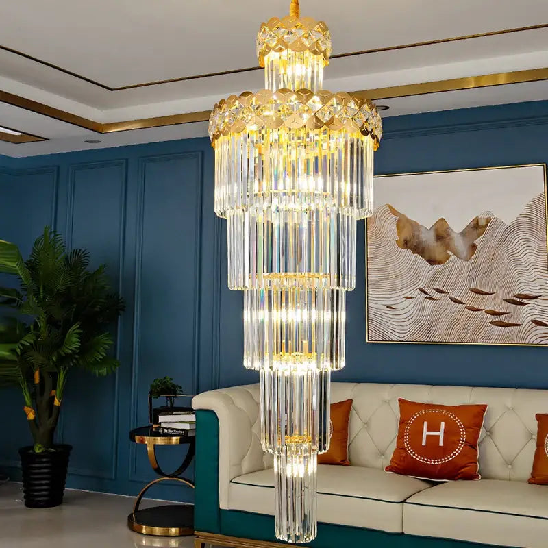 Light luxury crystal chandelier living room gold tiered glass light