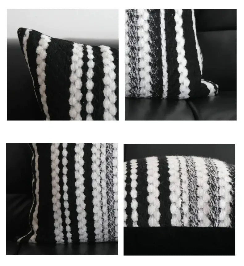 Light luxury plush black & white striped pillow cover living room