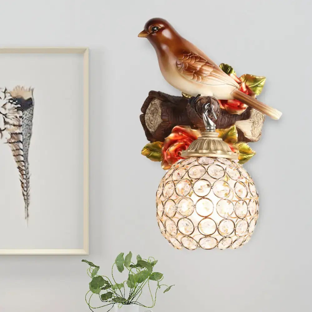 Lodge brown & cream bird wall sconce bedroom crystal global shade
