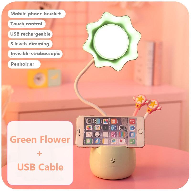 Lovely 3 Levels Dimmer Reading Table Lamp Pen Case Base Student LED Desk Lamp Girls Charge Bedside Lamp for Bedroom Studyroom Cute Study Lamps for Bedroom Décor