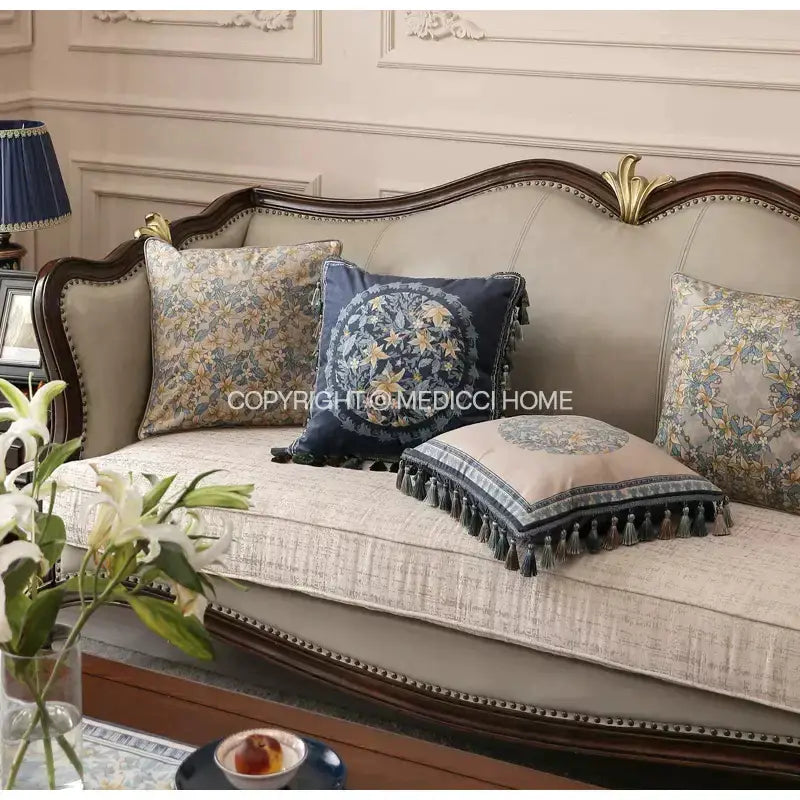Luxe blue & gold camellia floral velvet cushion cover living room