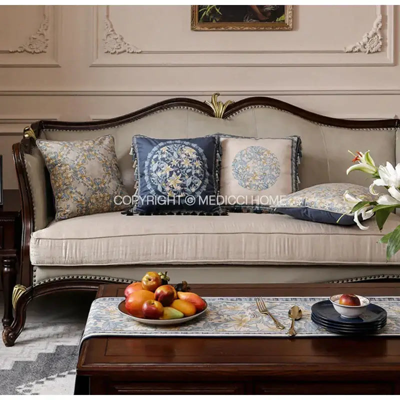 Luxe blue & gold camellia floral velvet cushion cover living room