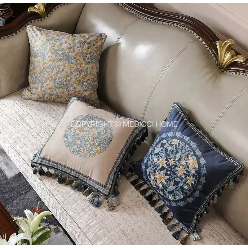 Luxe blue & gold camellia floral velvet cushion cover living room