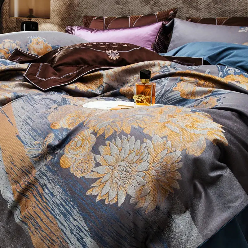 Luxurious gray & gold 1500tc egyptian cotton jacquard bedding set bedroom