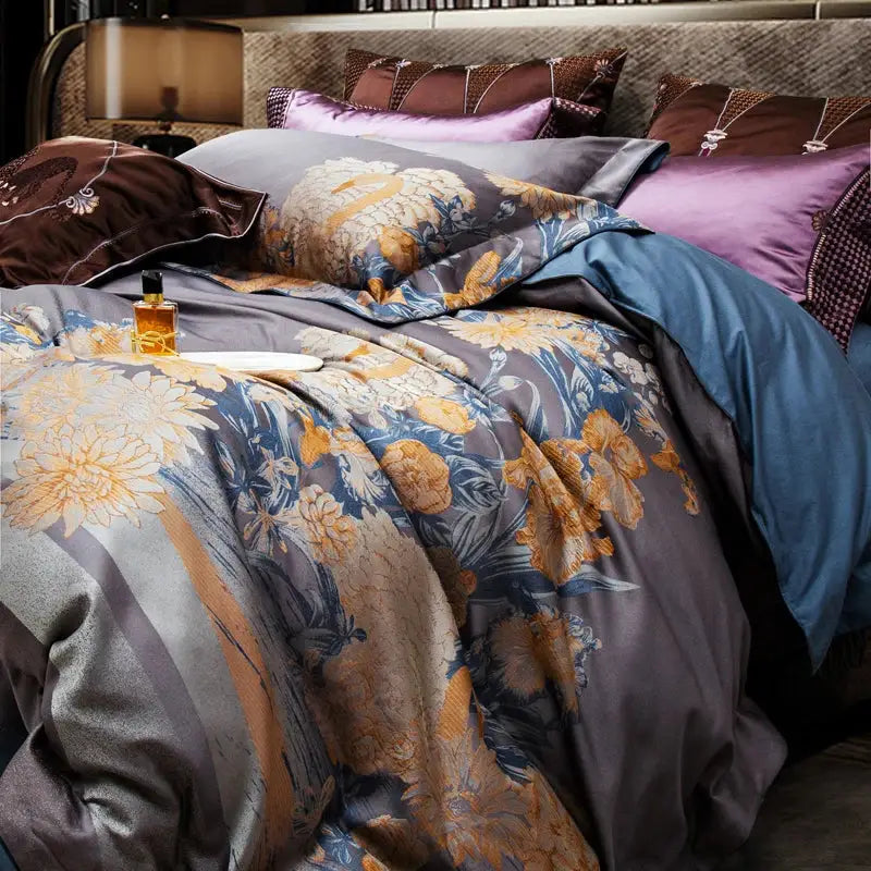 Luxurious gray & gold 1500tc egyptian cotton jacquard bedding set bedroom