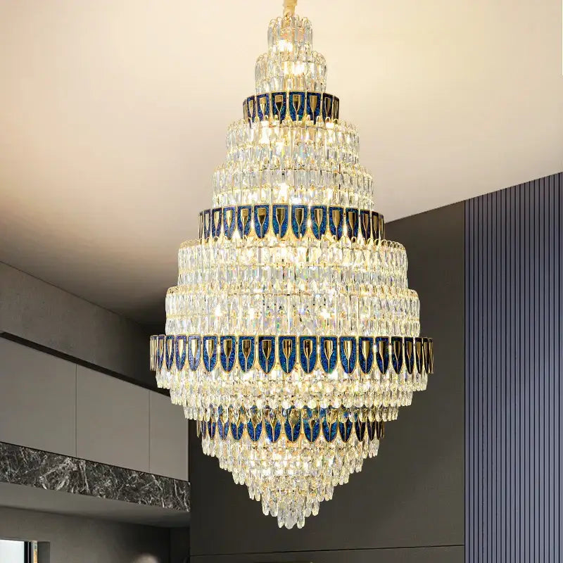 Luxury blue & clear crystal headlight chandelier – villa dining room