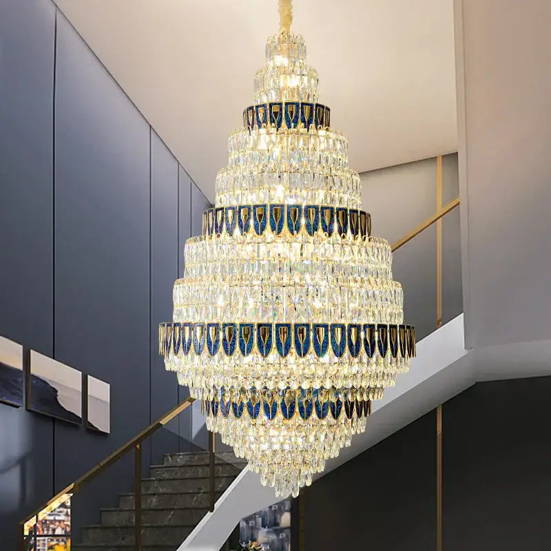 Luxury blue & clear crystal headlight chandelier – villa dining room