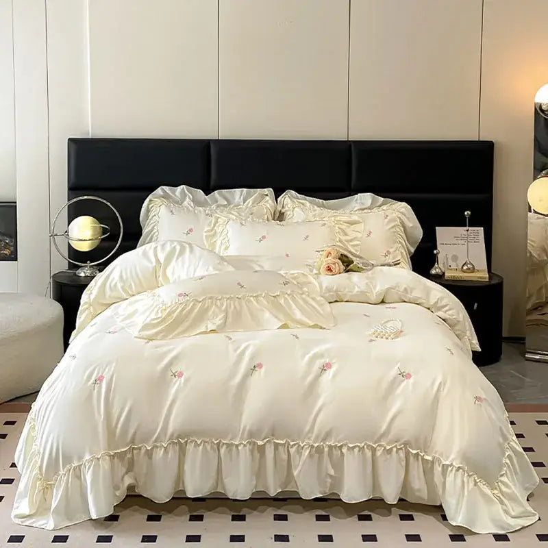 Luxury cream & pink ice silk floral bedding sets bedroom duvet set