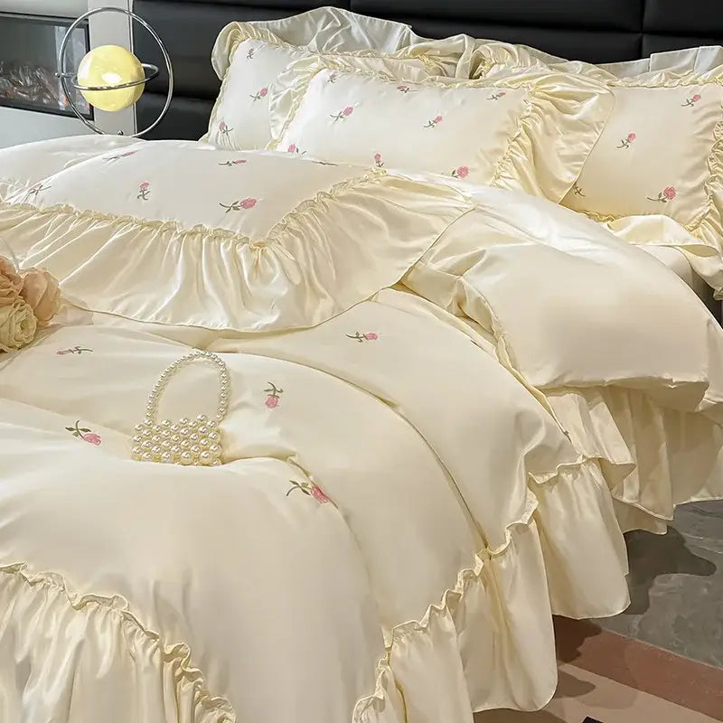 Luxury cream & pink ice silk floral bedding sets bedroom duvet set