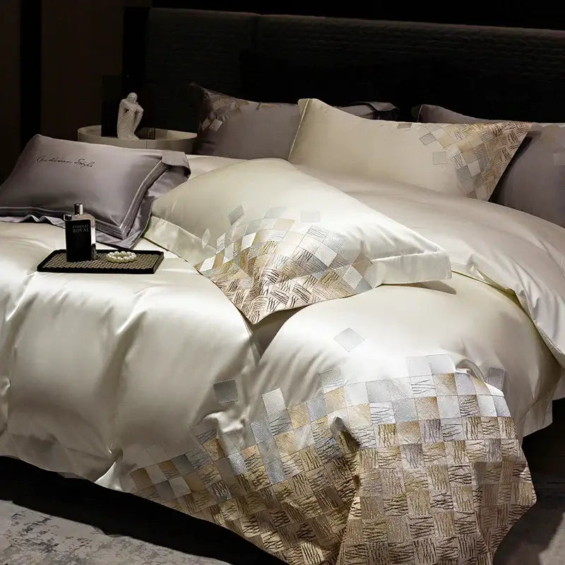 DecorBites™ 4-Piece Luxury Embroidery Bedding Set in Pearl White/Grey Satin Brocade Cotton