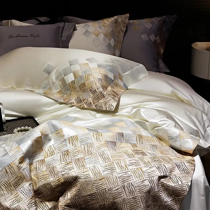 DecorBites™ 4-Piece Luxury Embroidery Bedding Set in Pearl White/Grey Satin Brocade Cotton