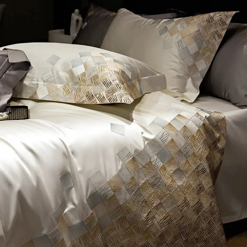 DecorBites™ 4-Piece Luxury Embroidery Bedding Set in Pearl White/Grey Satin Brocade Cotton
