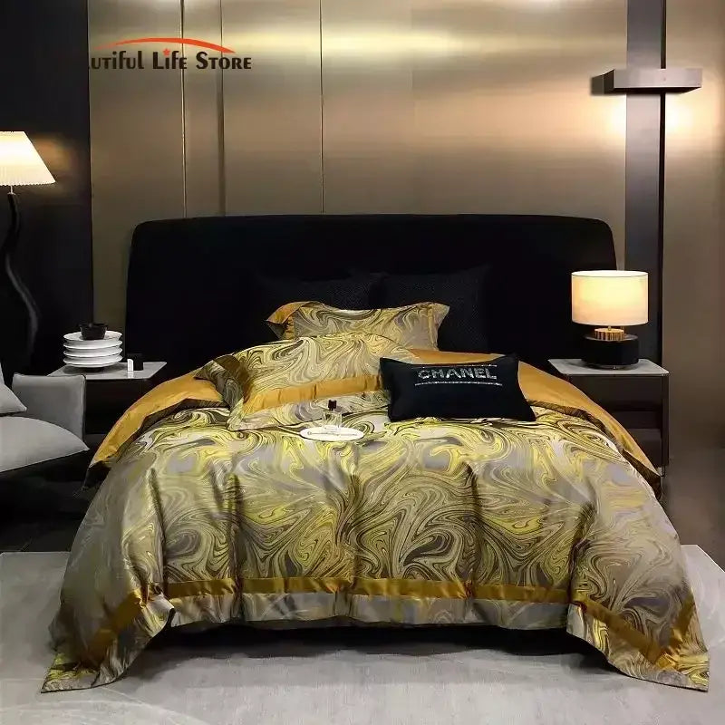 Luxury gold & silver brocade satin jacquard bedding set bedroom