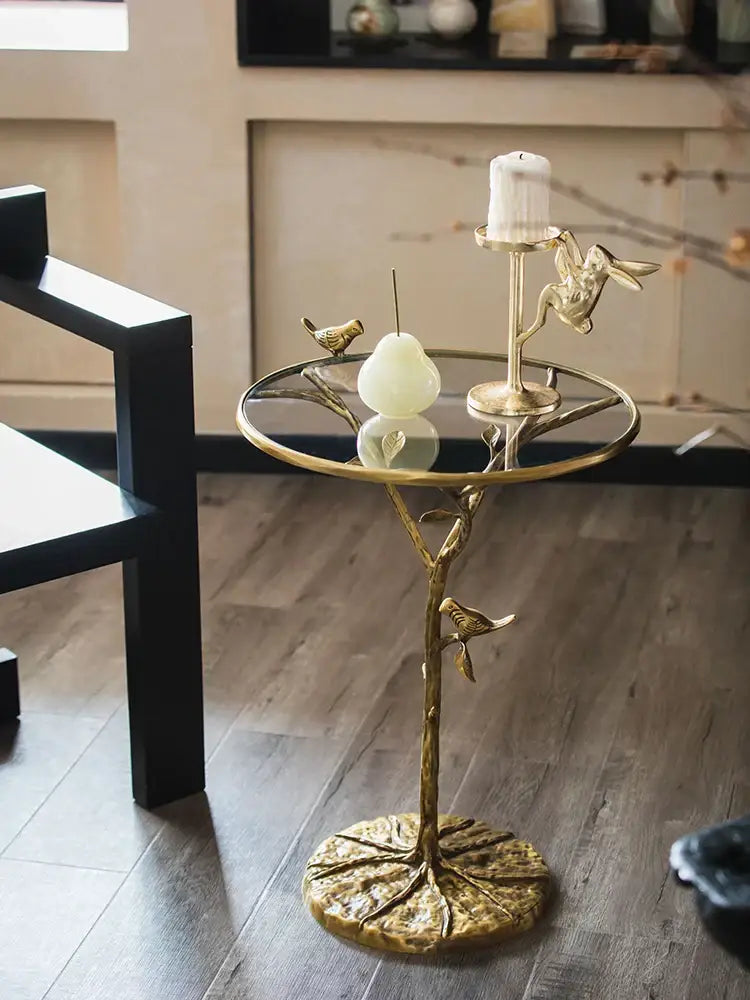 Luxury golden brass bird tree side table living room accent