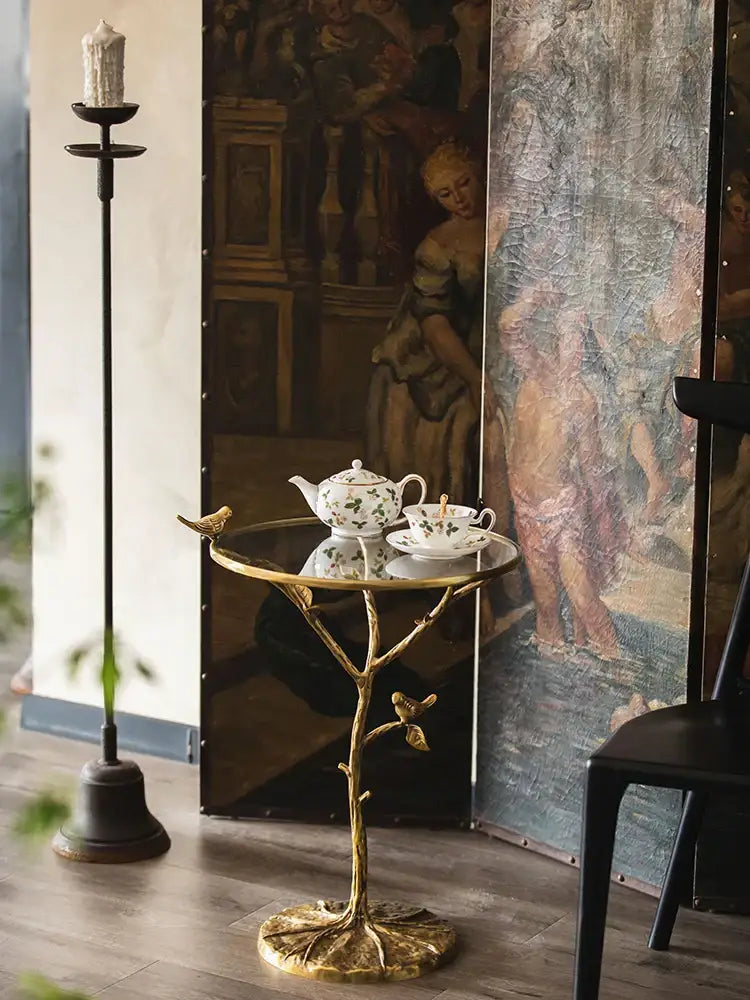 Luxury golden brass bird tree side table living room accent