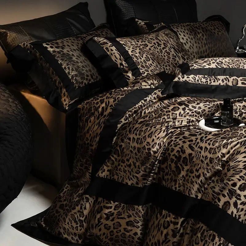 Luxury leopard print & black satin bedding set bedroom decor