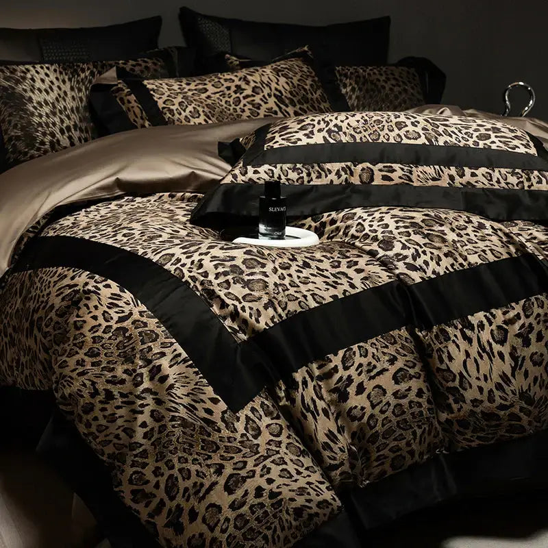 Luxury leopard print & black satin bedding set bedroom decor