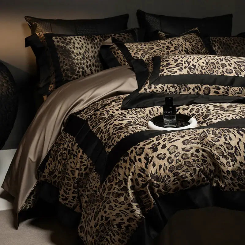 Luxury leopard print & black satin bedding set bedroom decor