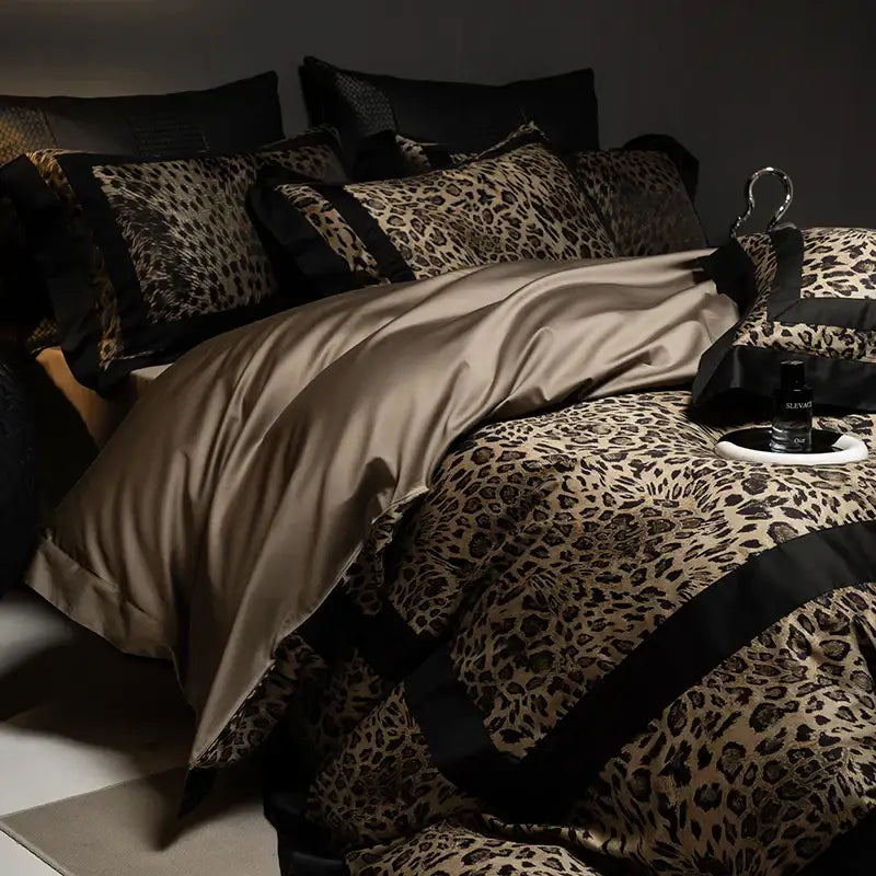Luxury leopard print & black satin bedding set bedroom decor