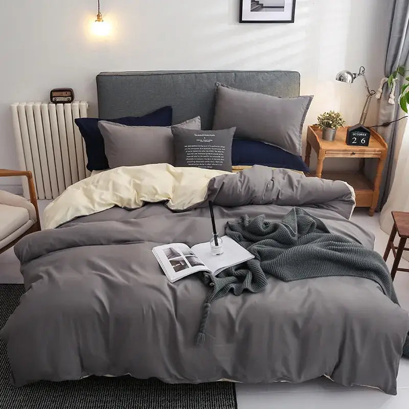 Luxury satin light gray & navy duvet cover set bedroom bedding