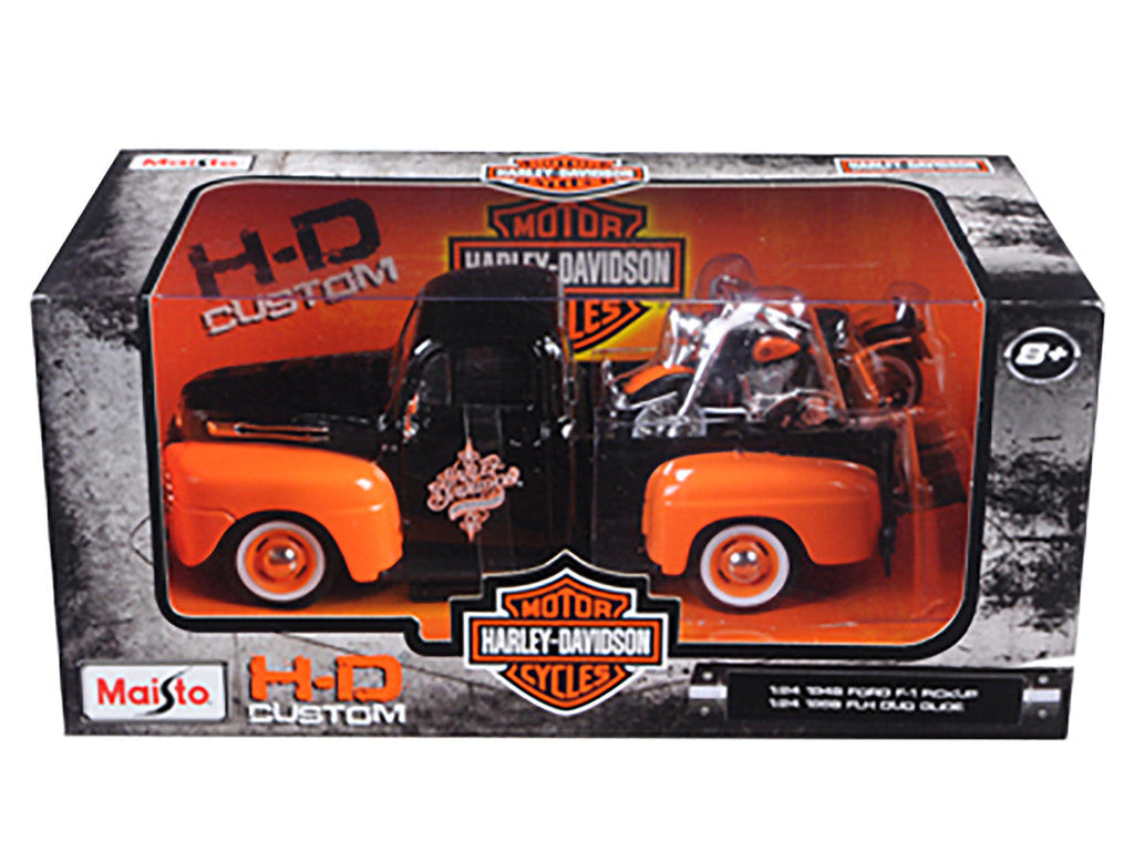 1948 Ford F-1 Pickup Truck with 1958 Harley Davidson FLH Duo Glide Motorcycle Orange and Black 1/24 Diecast Models by Maisto