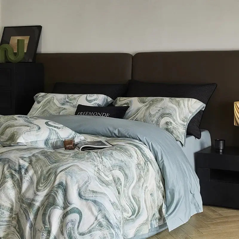 Marble gray & teal 100s egyptian cotton bedding set bedroom