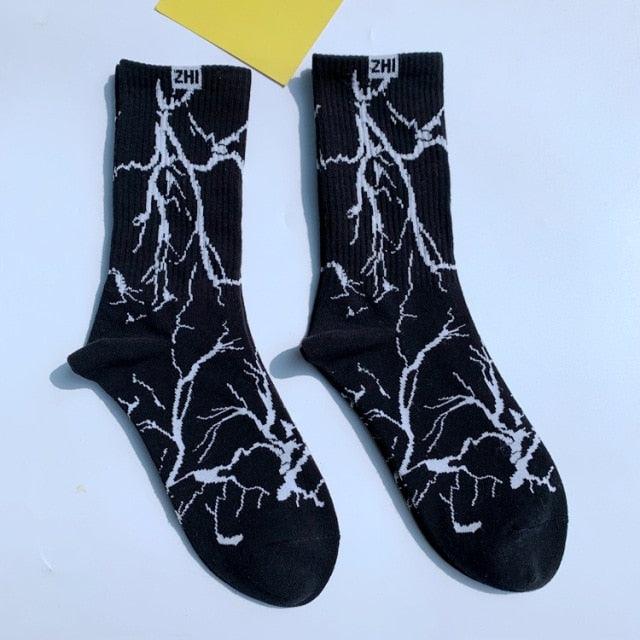 Marble Print Style Harajuku Skateboard Long Socks Creative Fun Lightning Hip Hop Style Socks Streetwear Casual Cotton Socks Unisex Street Couple Socks For Men And Women