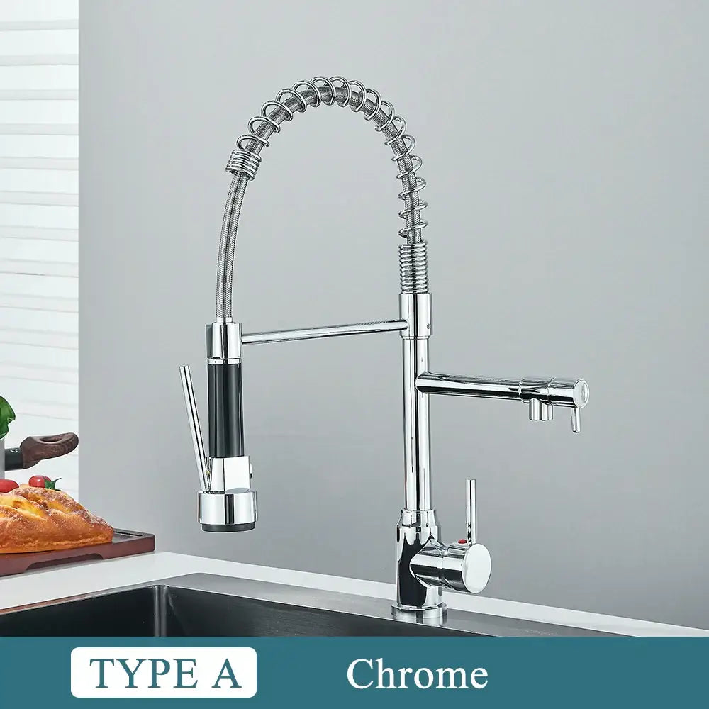 DecorBites™ Brass Kitchen Sink Faucet: Pull Down Dual Spout, 360 Rotation, Hot/Cold Mixer, 2 Modes