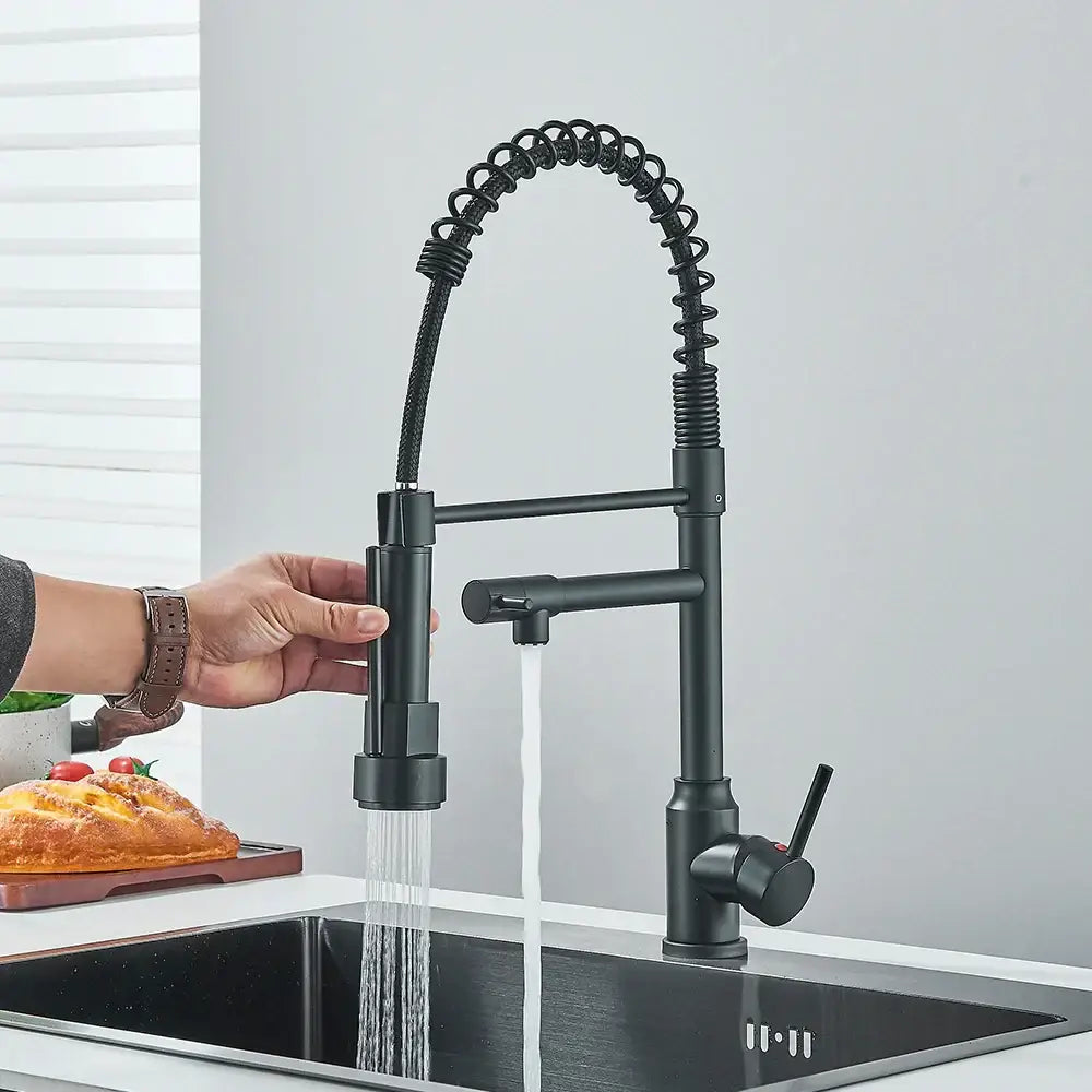 DecorBites™ Brass Kitchen Sink Faucet: Pull Down Dual Spout, 360 Rotation, Hot/Cold Mixer, 2 Modes
