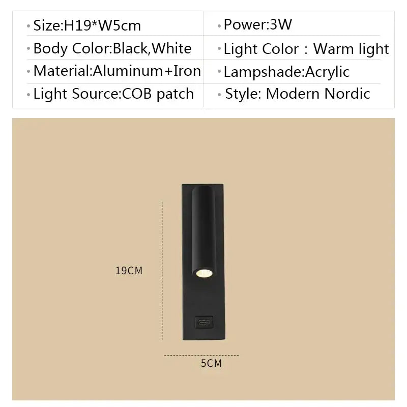Matte black led wall light switch with usb port – bedroom sconce