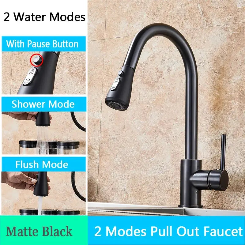 Matte black pull out kitchen faucet with high arc spout