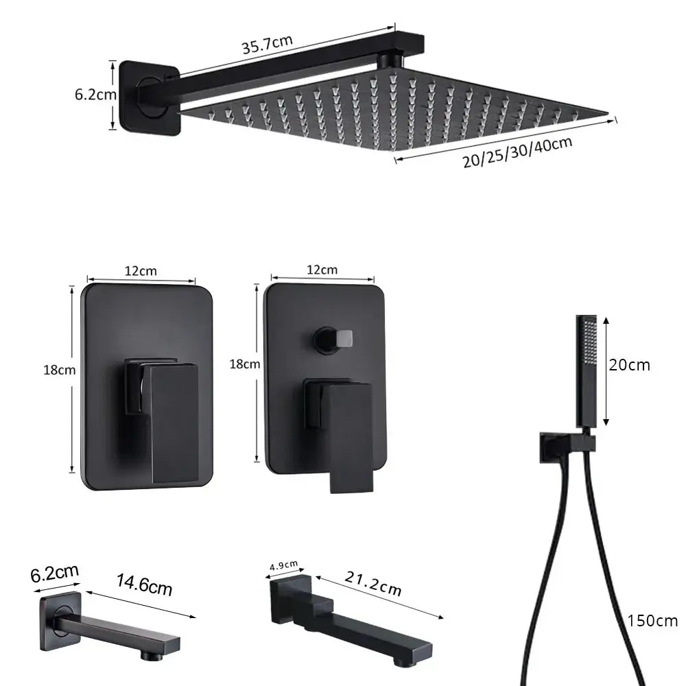 Matte black shower set with square rain head and spout for bathroom