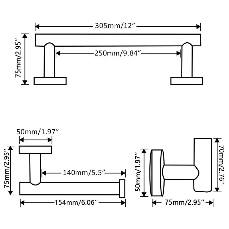 DecorBites™ Black Stainless Steel Bathroom Set: Robe Hook, Towel Rail, Shelf, Tissue Holder