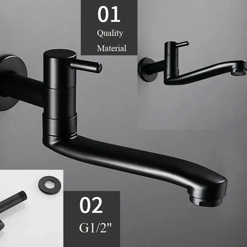 DecorBites™ Black Stainless Steel Swivel Kitchen Faucet 360 Degree Rotation Wall Mounted
