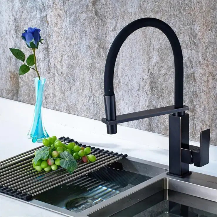 Matte black swivel kitchen faucet with pull down spray tap