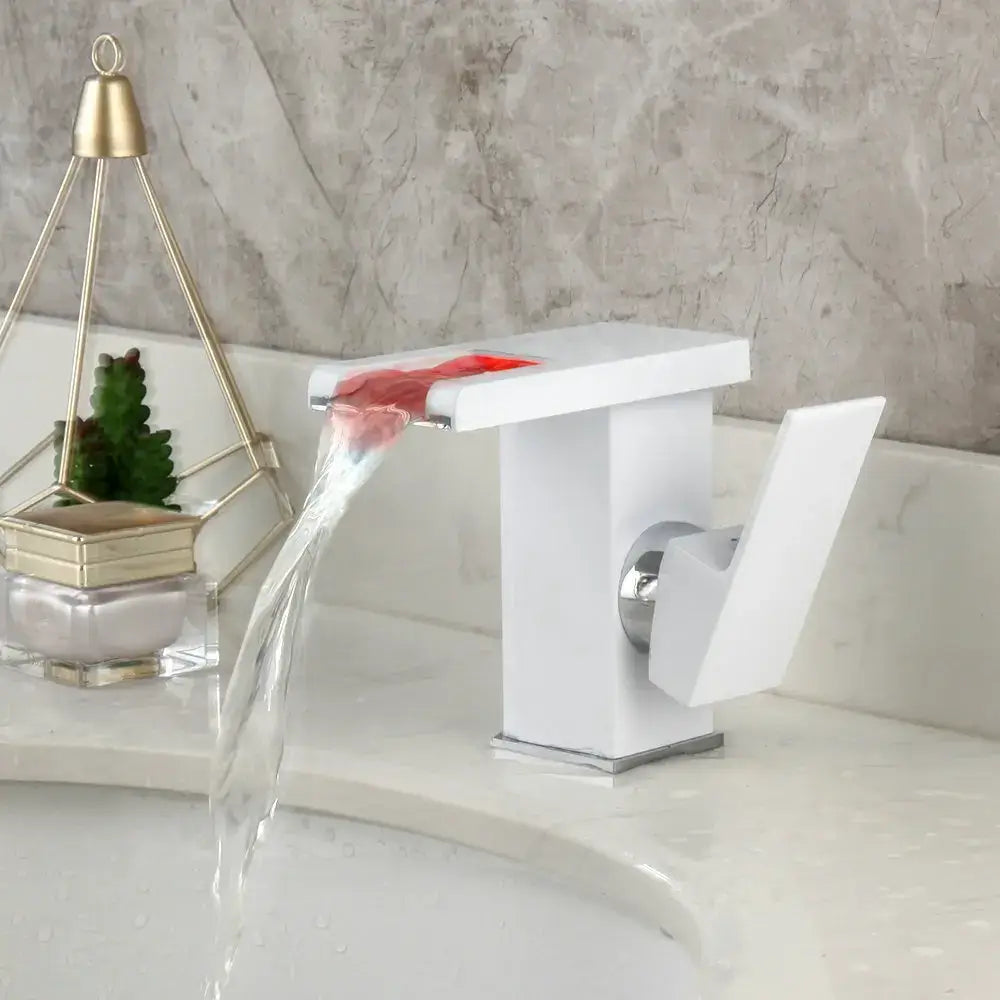 DecorBites™ LED Waterfall Basin Faucet White & Black Mixer Tap Deck Mount Solid Brass