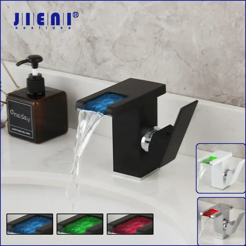 DecorBites™ LED Waterfall Basin Faucet White & Black Mixer Tap Deck Mount Solid Brass