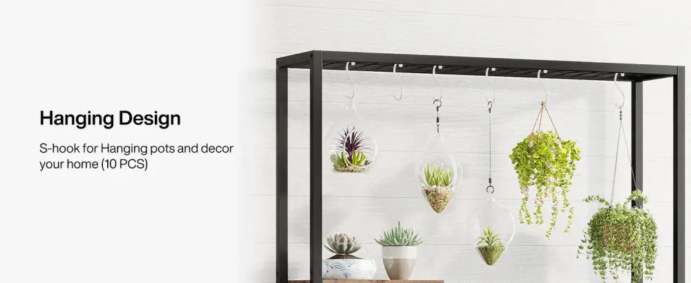 Rustic black metal and wood 5-tier tall plant stand living room decor
