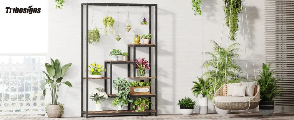 Rustic black metal and wood 5-tier tall plant stand living room decor