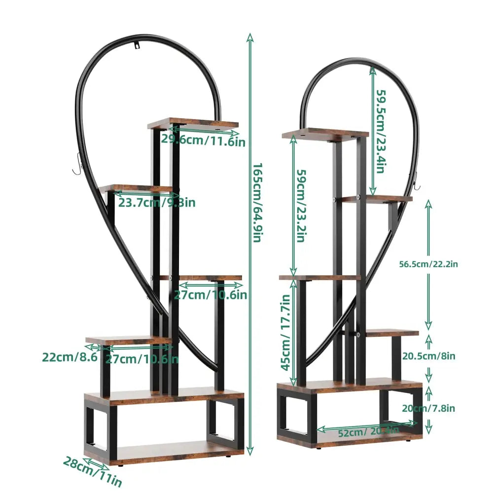 6 tier heart metal plant stand black & wood living room shelves