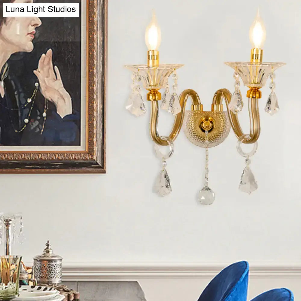 Mid-century brass crystal shade wall mounted sconce bedroom light