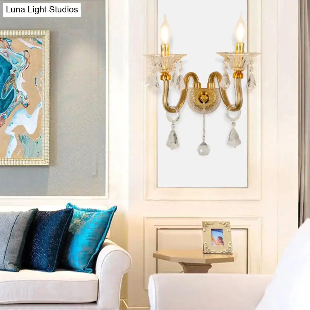 Mid-century brass crystal shade wall mounted sconce bedroom light